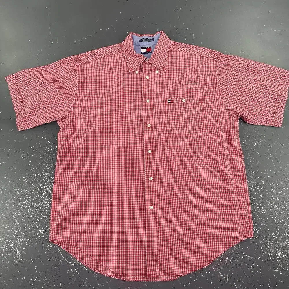 VTG Tommy Hilfiger Dress Shirt Mens Large Micro Check Red Black  Short Sleeve - Picture 3 of 6